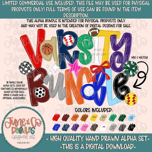 Varsity Alphabet Bundle| Team Spirit Alpha Sets| Single Color Doodle Letters| Individually Saved A-Z PNG Files| Digital Download