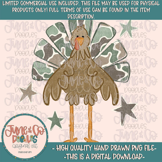 Boys Camo Pattern Turkey PNG| Rustic Hunting Thanksgiving File| Preppy Fall Shirt Design| Hand Drawn Art| Digital Download