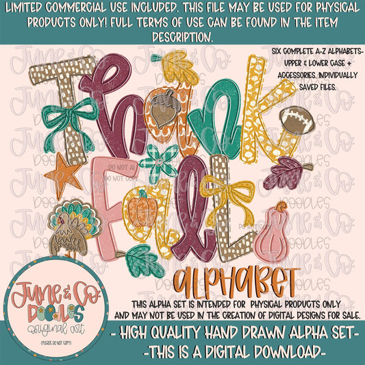 ThankFall Alphabet Set- PNG| Whimsical Fall Doodle Alpha Bundle| Individually Saved Letters| A-Z Doodle Letters PNG| Digital Download