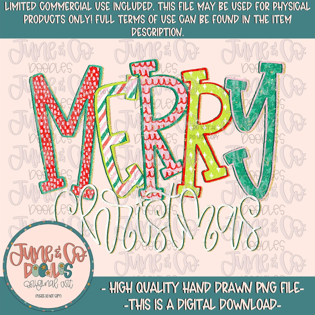 Preppy Merry Christmas PNG| Holiday Season Design File| Whimsical Christmas Doodle Letters| Hand Drawn Art| Hand Lettering| Digital Download