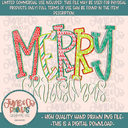 Preppy Merry Christmas PNG| Holiday Season Design File| Whimsical Christmas Doodle Letters| Hand Drawn Art| Hand Lettering| Digital Download