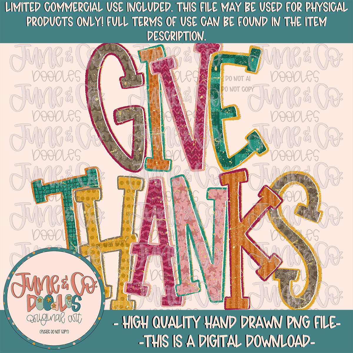Preppy Give Thanks PNG| Whimsical Thanksgiving Design File| Fall Doodle Letters| Hand Drawn Art| Hand Lettering| Digital Download