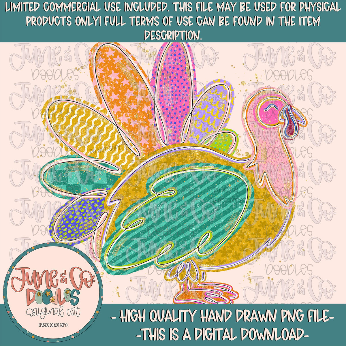 Preppy Turkey PNG| Bright Dopamine Thanksgiving| Whimsical Patterns| Fall Shirt Design| Hand Drawn Art| Digital Download