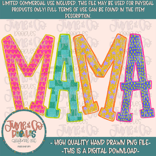 Bright Preppy Mama PNG| Whimsical Motherhood File| Colorful Boho Shirt Design| Hand Lettering| Digital Download
