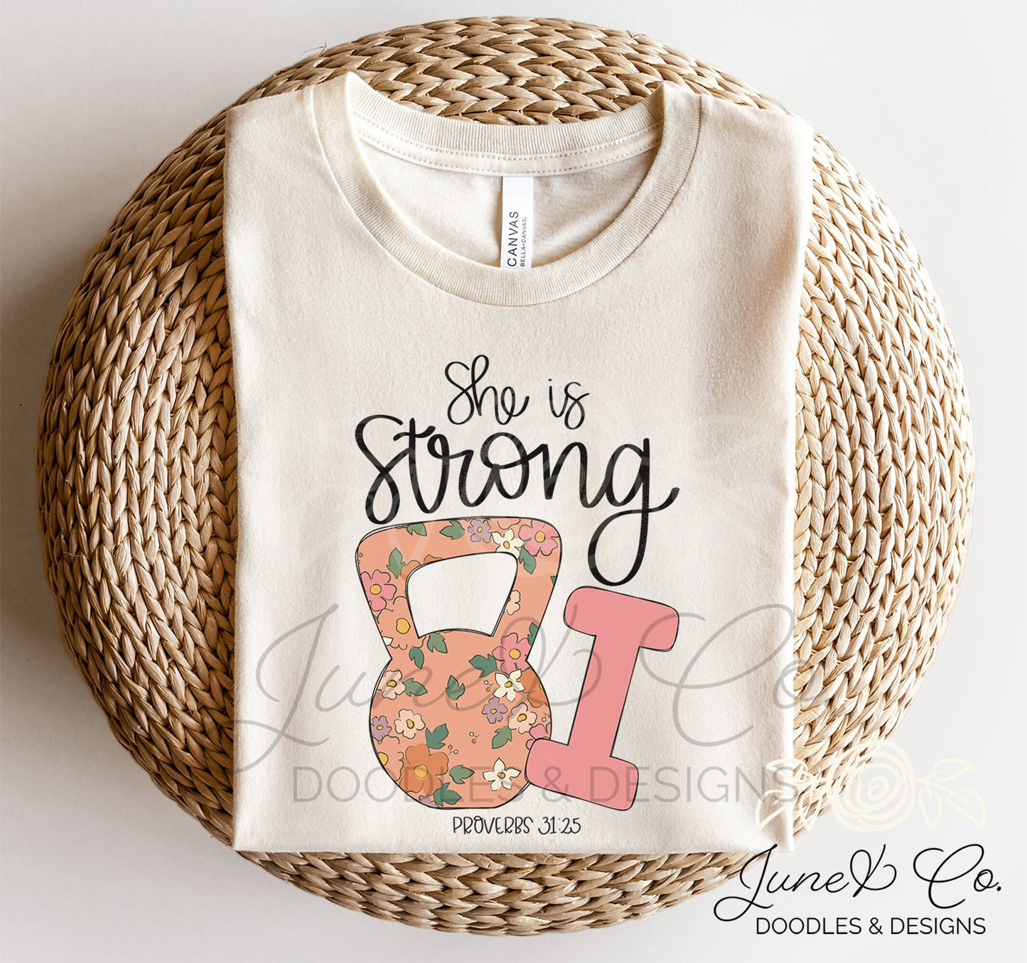 She Is Strong PNG| Proverbs 31:25 Sublimation File| Faith And Fitness Shirt Design| Hand Lettered Bible Verse|Printable Art|Instant Download