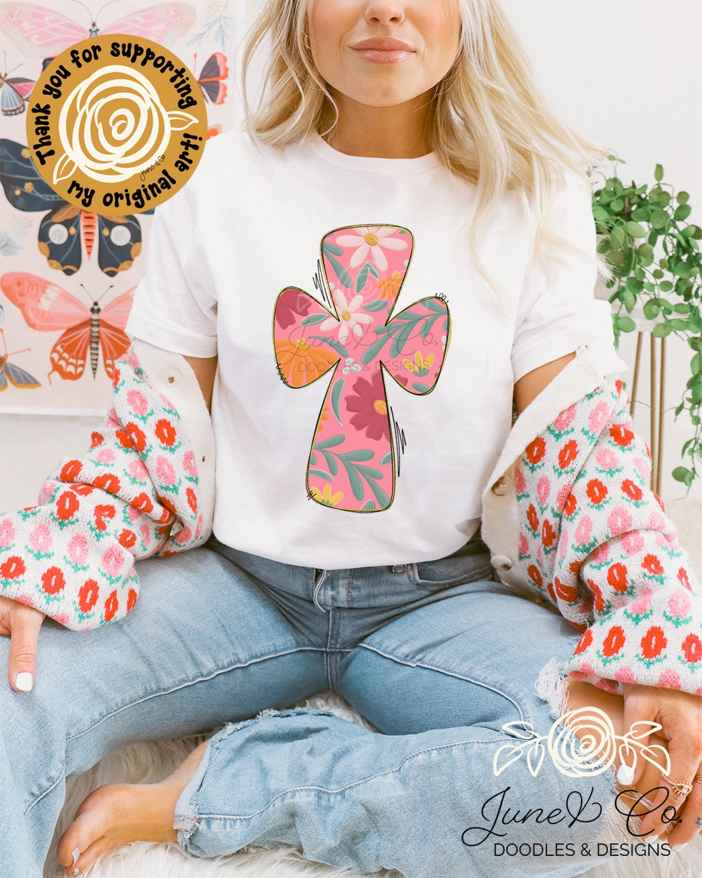 Floral Cross PNG| Christian Spring Sublimation File| Easter Faith Shirt Design| Hand Sketched Flowers| Printable Art| Instant Download